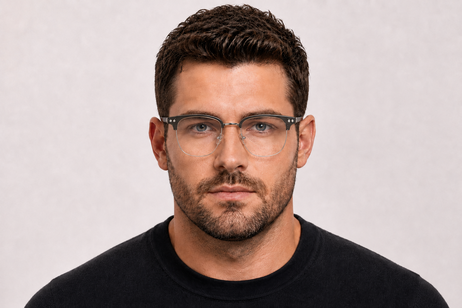 man wearing 163mm grey silver wide fit rectangle browline titanium glasses