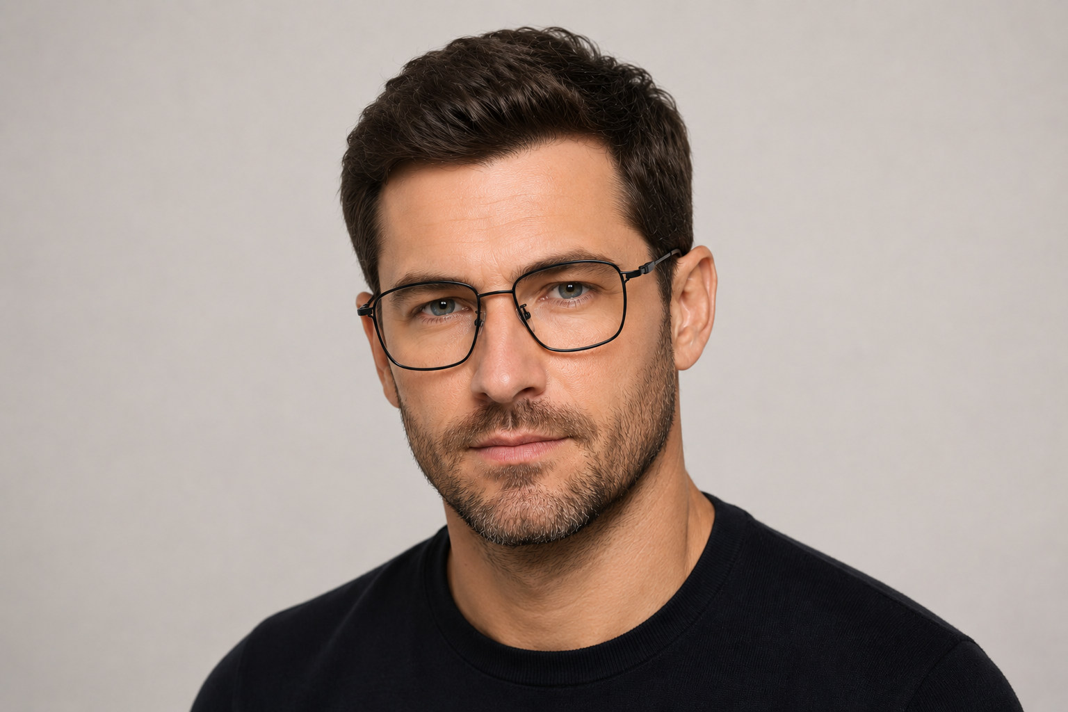 man wearing 151mm black oversized rectangle titanium glasses for wide faces