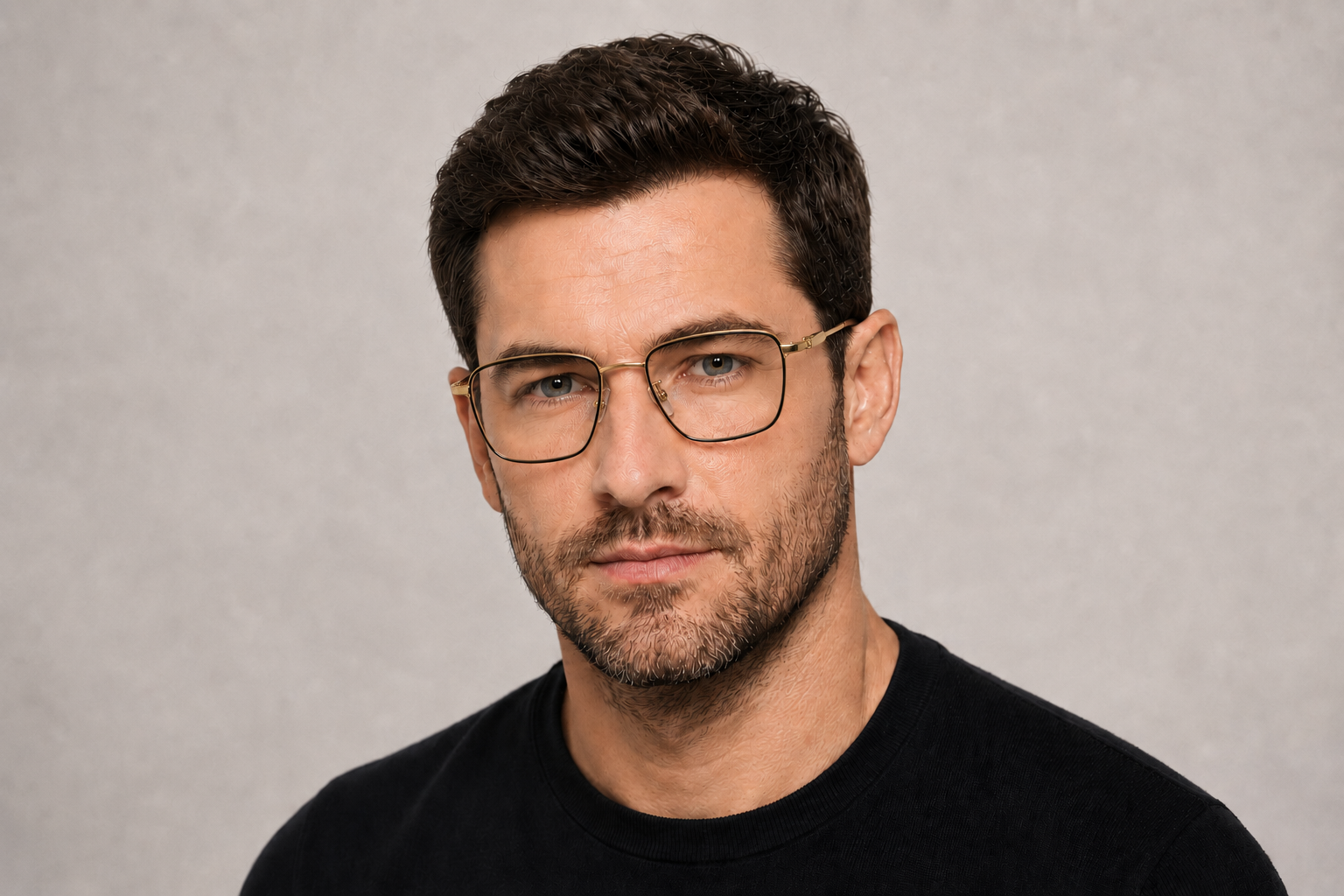 man wearing 151mm gold oversized rectangle titanium glasses for wide faces