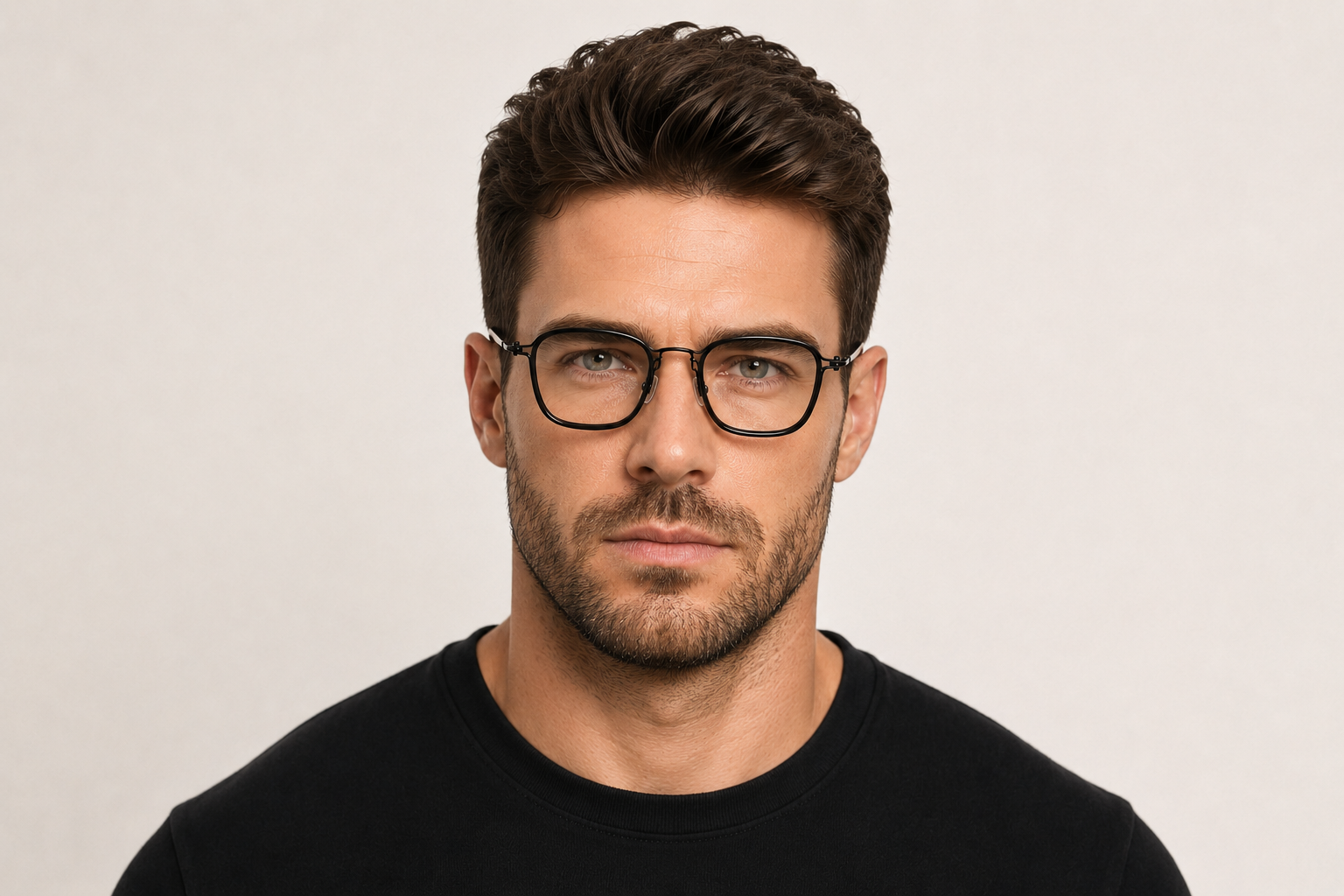 man wearing 155mm black wide fit rectangle titanium glasses for wide faces