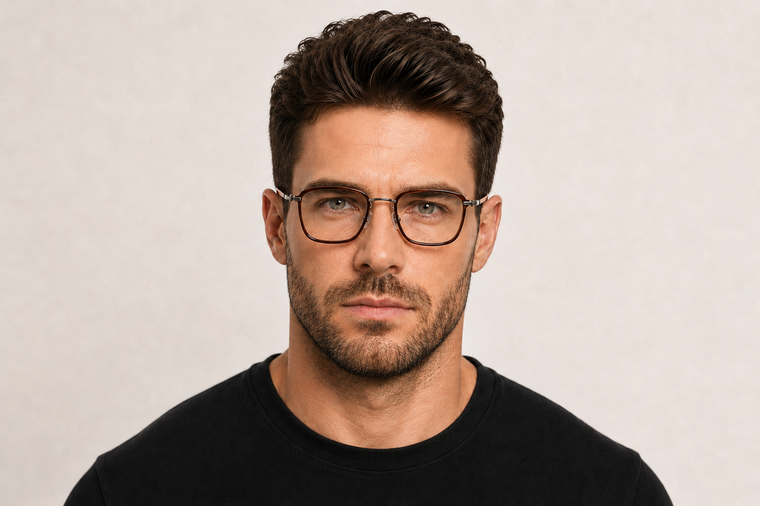 man wearing 155mm brown wide fit rectangle titanium glasses for wide faces