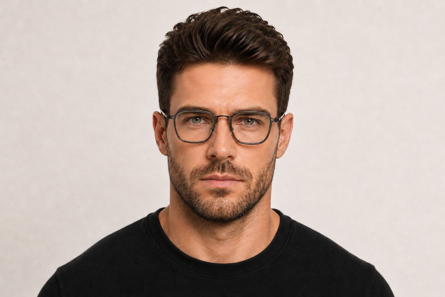 man wearing 155mm grey wide fit rectangle titanium glasses for wide faces