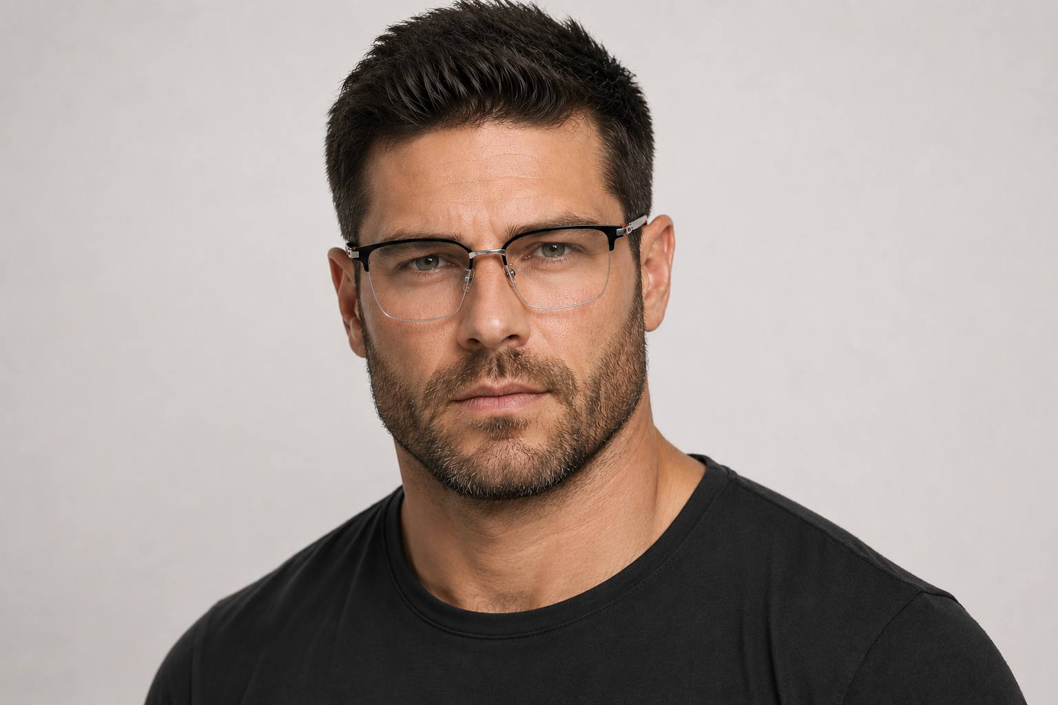man wearing 158mm black silver wide rectangle titanium browline glasses for wide faces