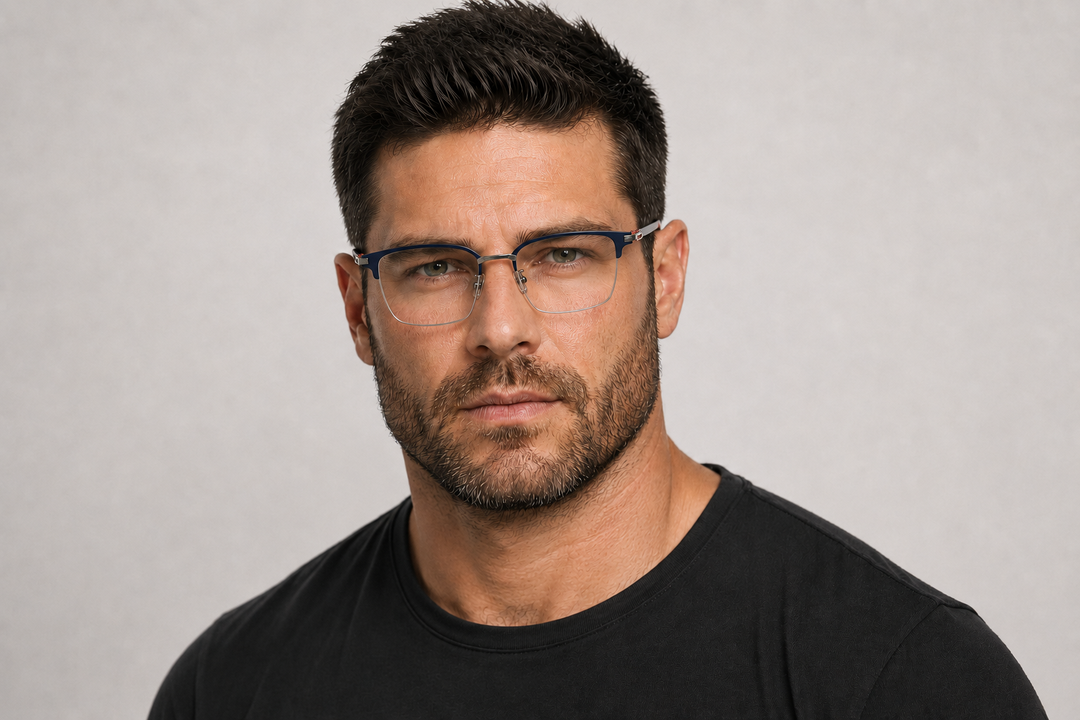 man wearing 158mm blue silver wide rectangle titanium browline glasses for wide faces
