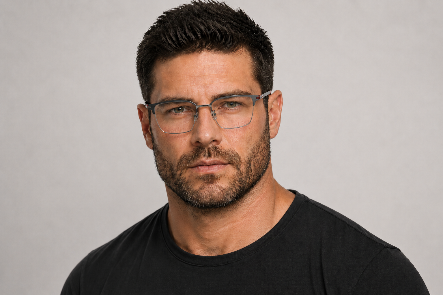 man wearing 158mm grey silver wide rectangle titanium browline glasses for wide faces