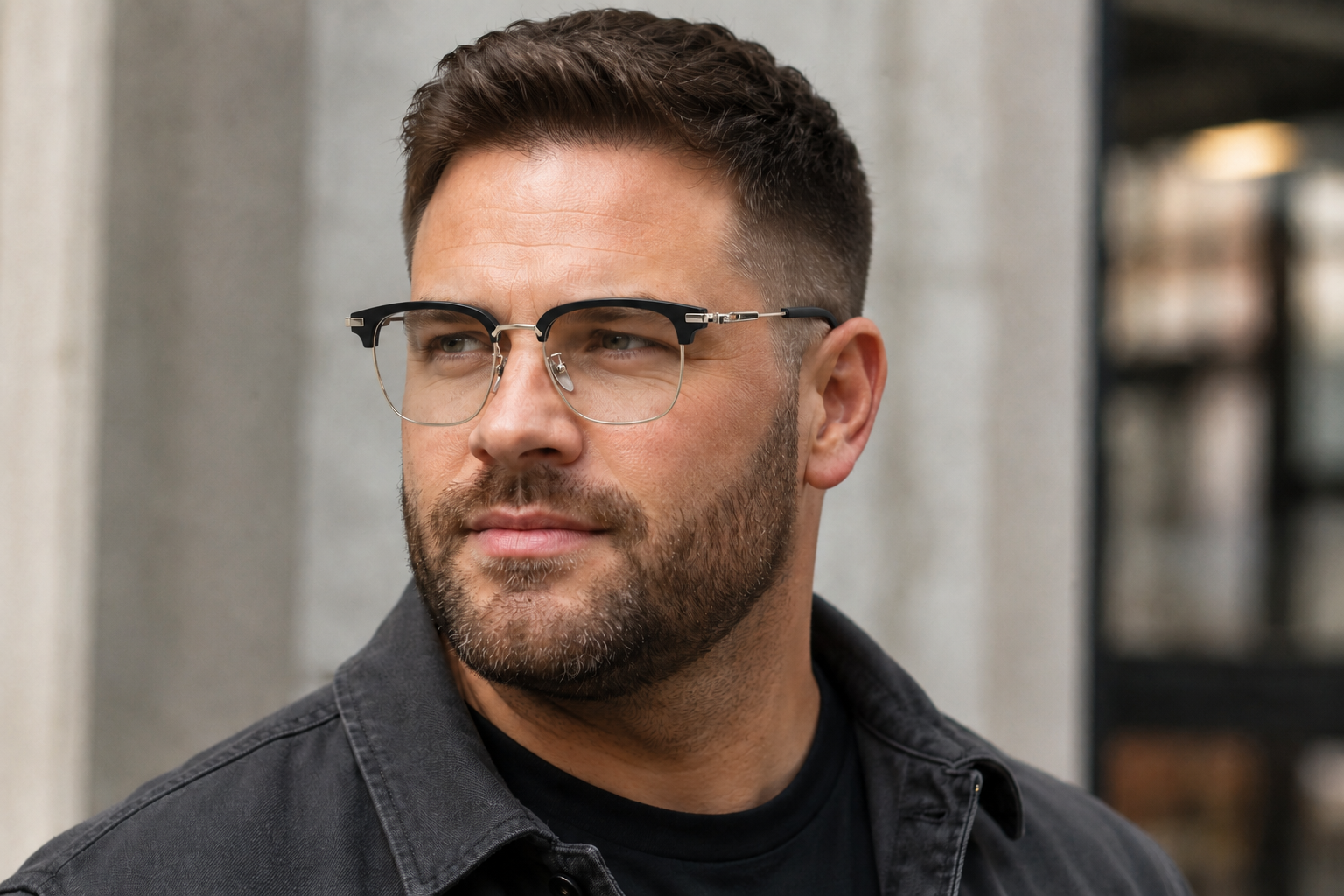 man wearing oversized gold titanium rectangle glasses