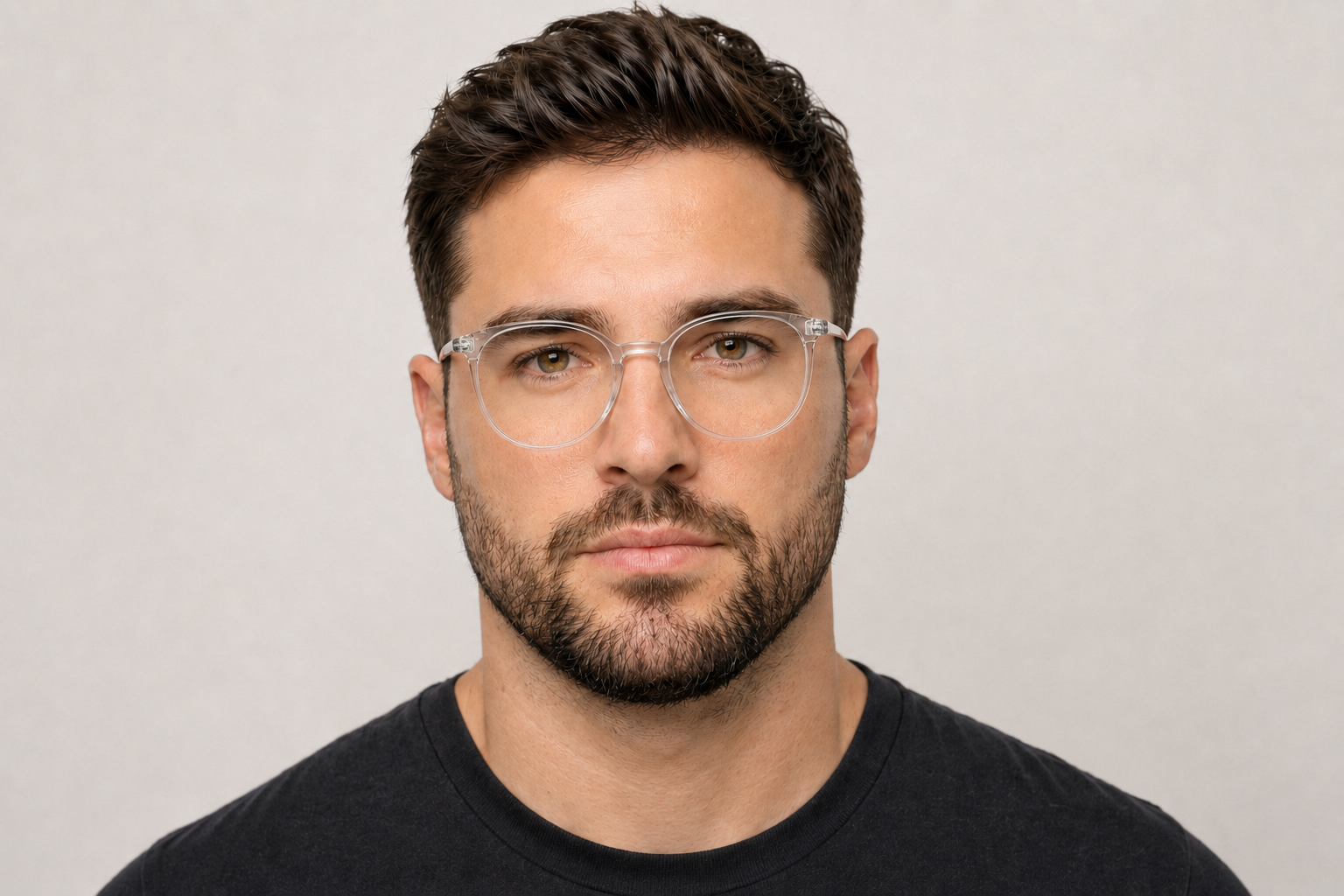 man wearing 145mm clear wide fit round TR90 glasses