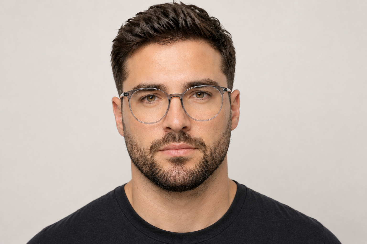 man wearing 145mm grey wide fit round TR90 glasses