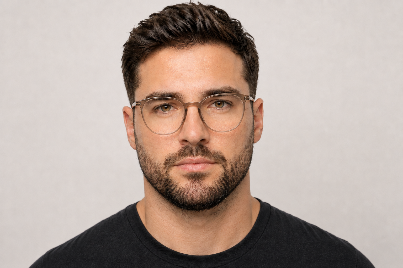 man wearing 145mm light brown wide fit round TR90 glasses