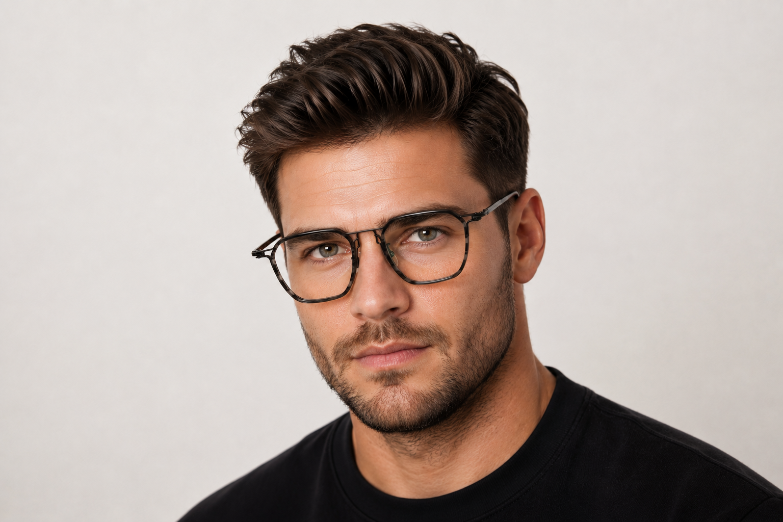 man wearing 157mm Wide Fit Titanium Glasses with a grey tortoiseshell frame.