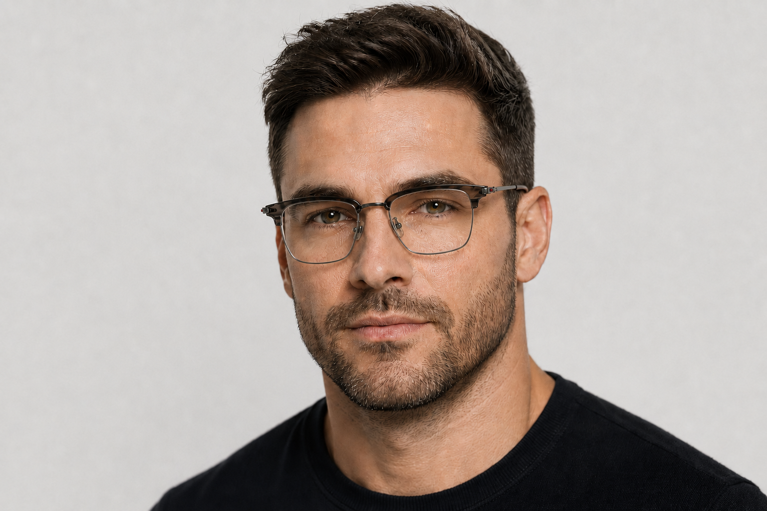 man wearing 158mm grey black wide fit rectangle browline titanium glasses