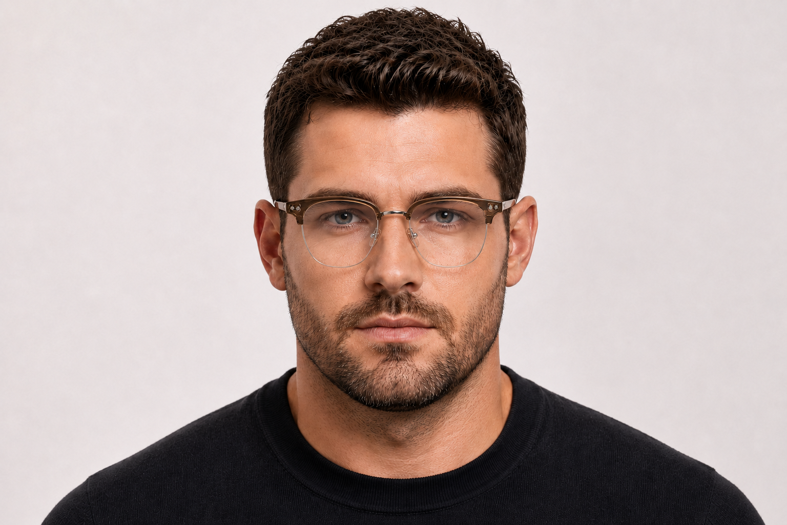 man wearing 163mm brown silver wide fit rectangle browline titanium glasses