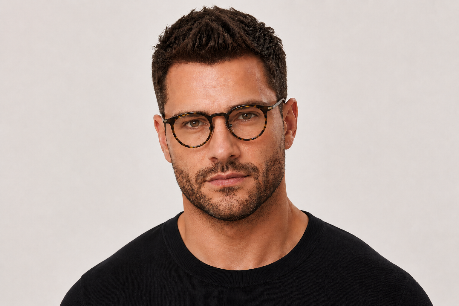 man wearing 163mm tortoiseshell lightweight titanium wide-fit glasses