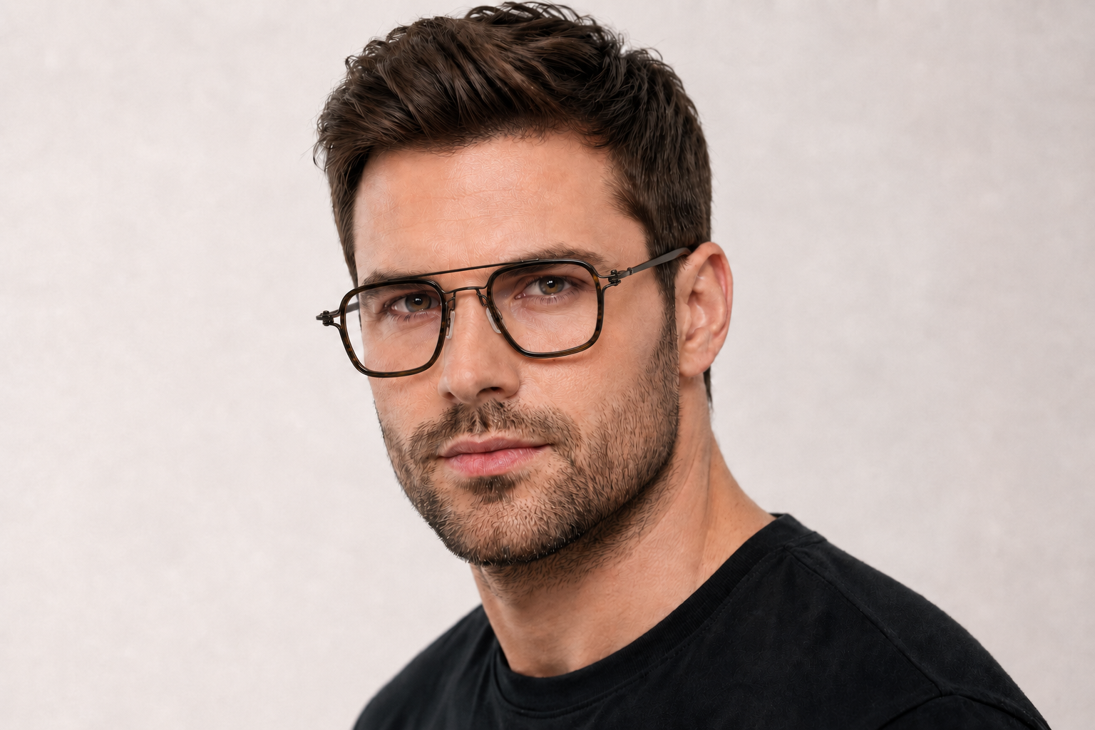 man wearing brown 148mm oversized rectangle aviator titanium glasses for waide faces