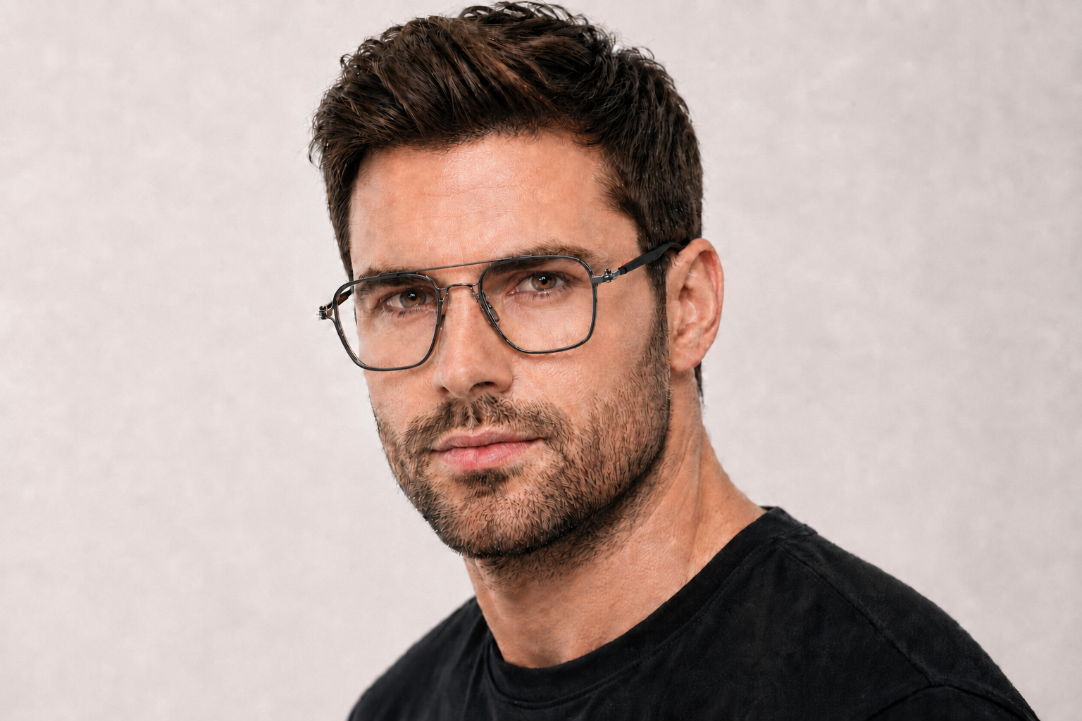 man wearing grey 148mm oversized rectangle aviator titanium glasses for waide faces